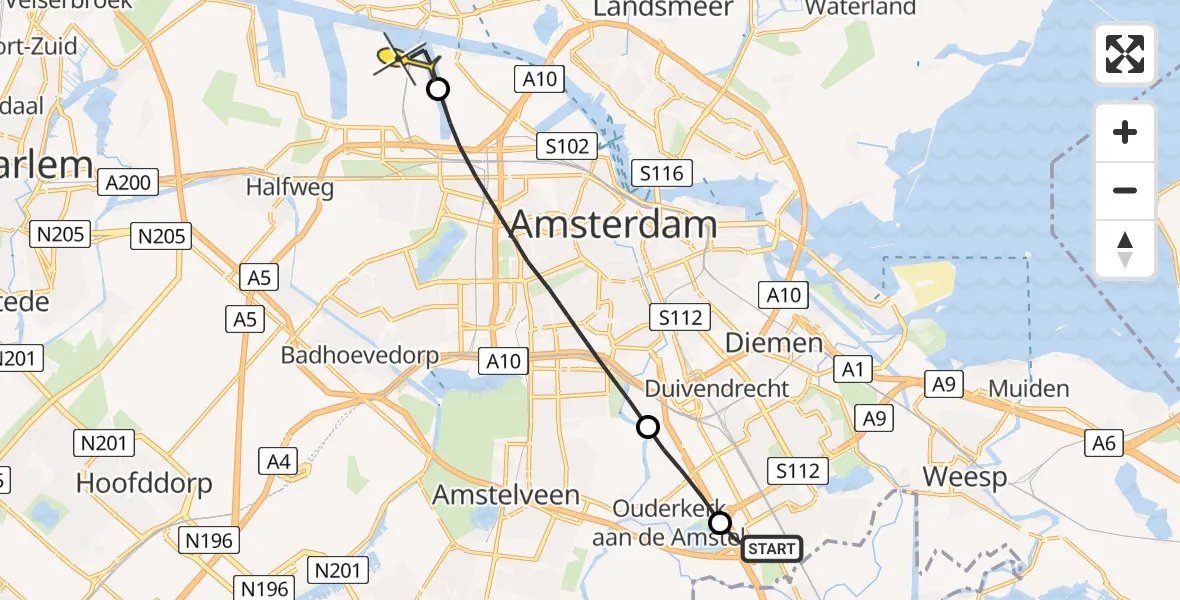 Routekaart van de vlucht: Lifeliner 1 naar Amsterdam Heliport