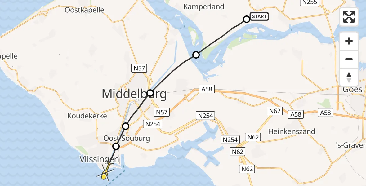 Routekaart van de vlucht: Politieheli naar Vlissingen