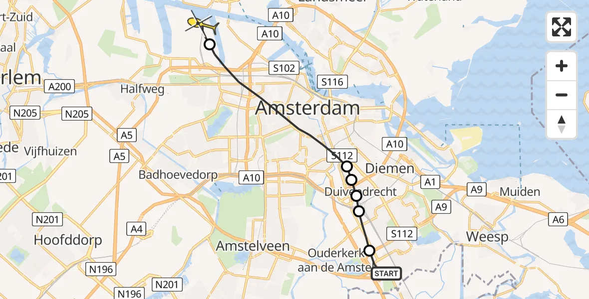 Routekaart van de vlucht: Lifeliner 1 naar Amsterdam Heliport