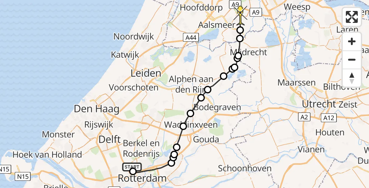 Routekaart van de vlucht: Politieheli naar Amstelveen