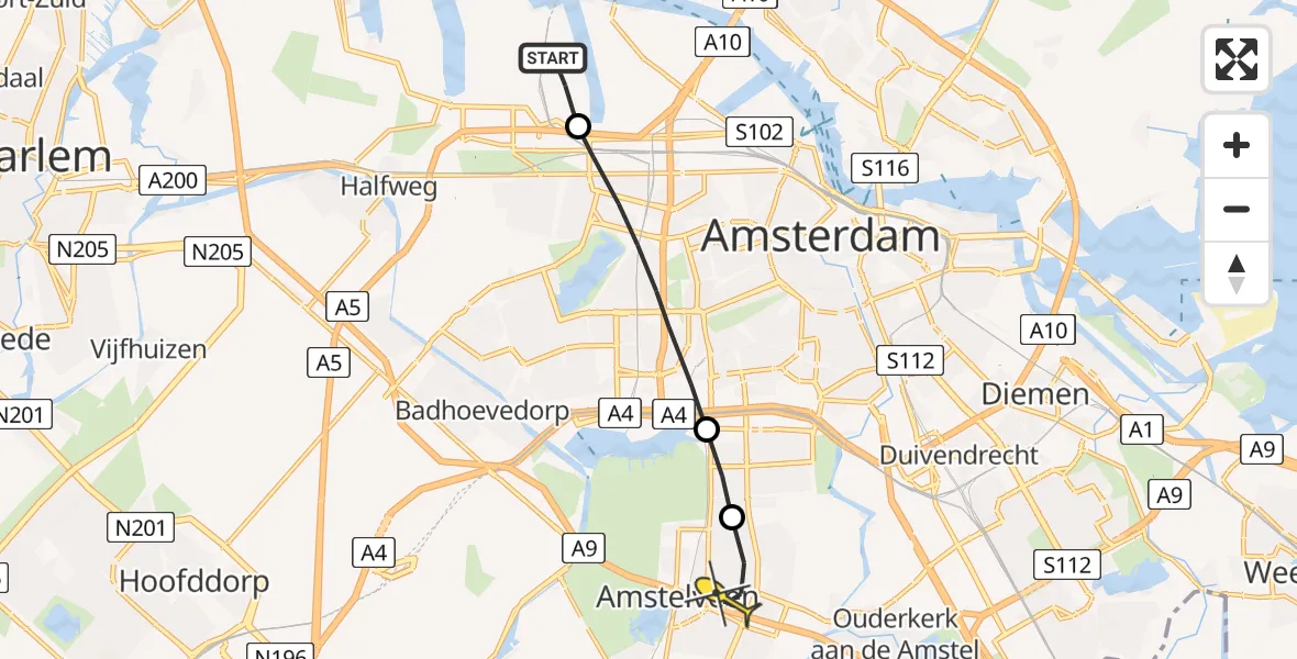 Routekaart van de vlucht: Lifeliner 1 naar Amstelveen