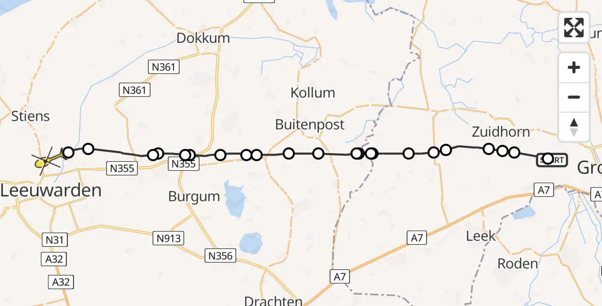 Routekaart van de vlucht: Ambulanceheli naar Leeuwarden