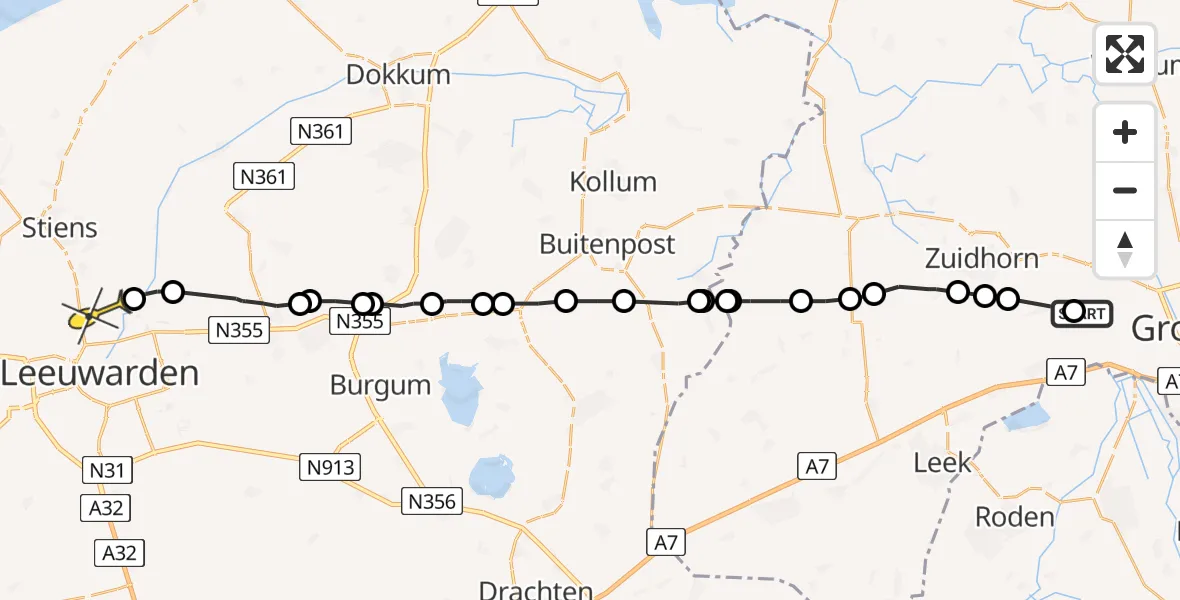 Routekaart van de vlucht: Ambulancehelikopter naar Leeuwarden