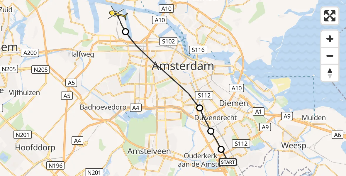 Routekaart van de vlucht: Lifeliner 1 naar Amsterdam Heliport