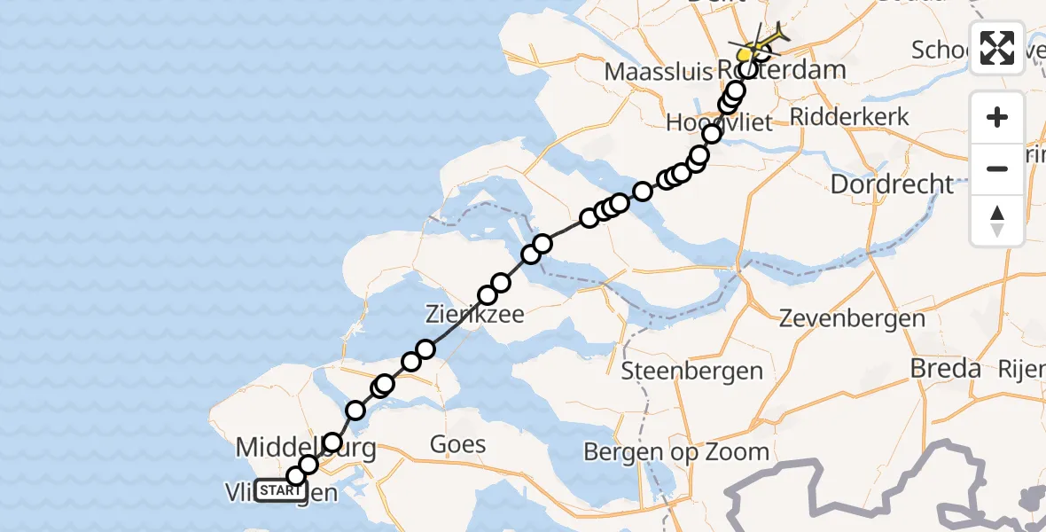 Routekaart van de vlucht: Traumaheli naar Rotterdam The Hague Airport