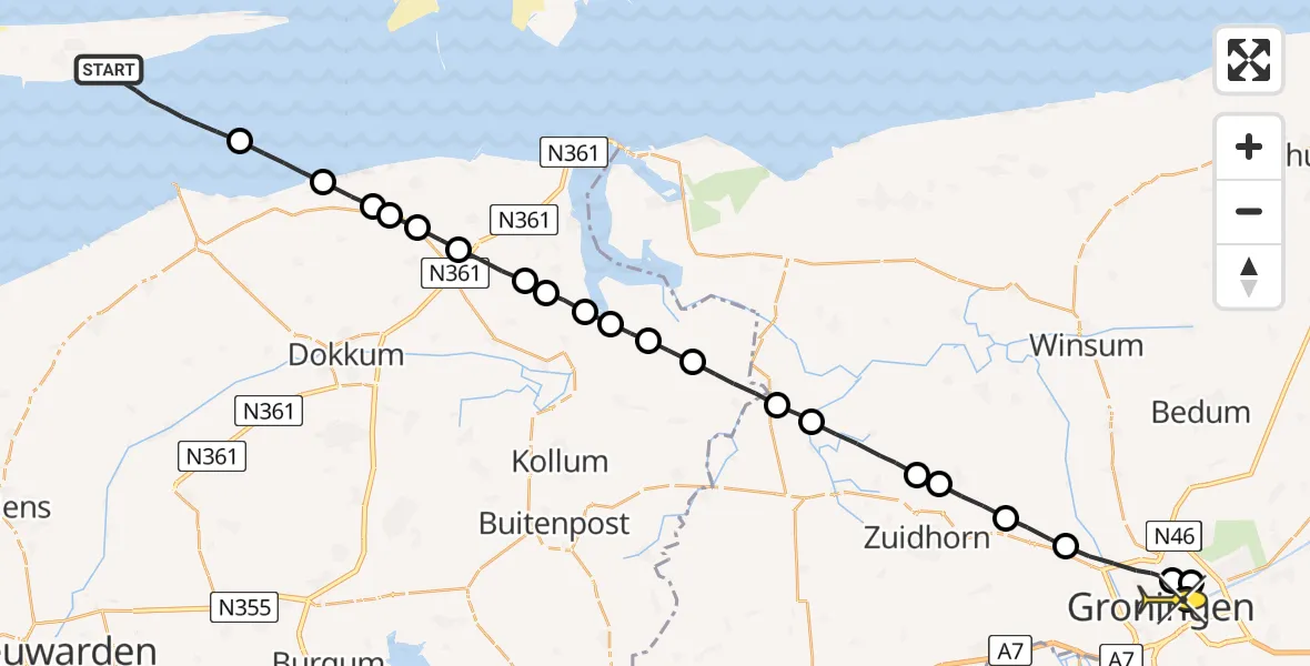 Routekaart van de vlucht: Lifeliner 4 naar Universitair Medisch Centrum Groningen