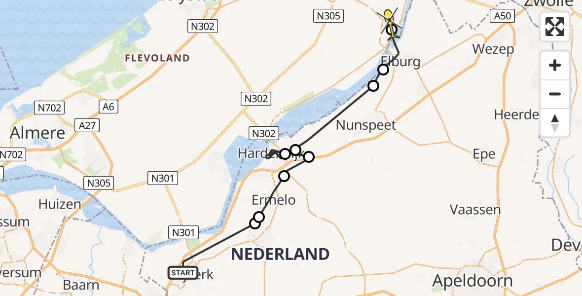 Routekaart van de vlucht: Politiehelikopter naar Dronten