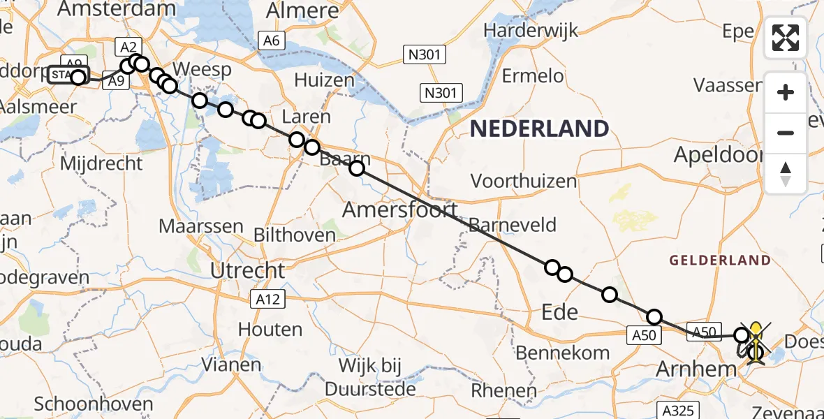Routekaart van de vlucht: Politieheli naar Rheden