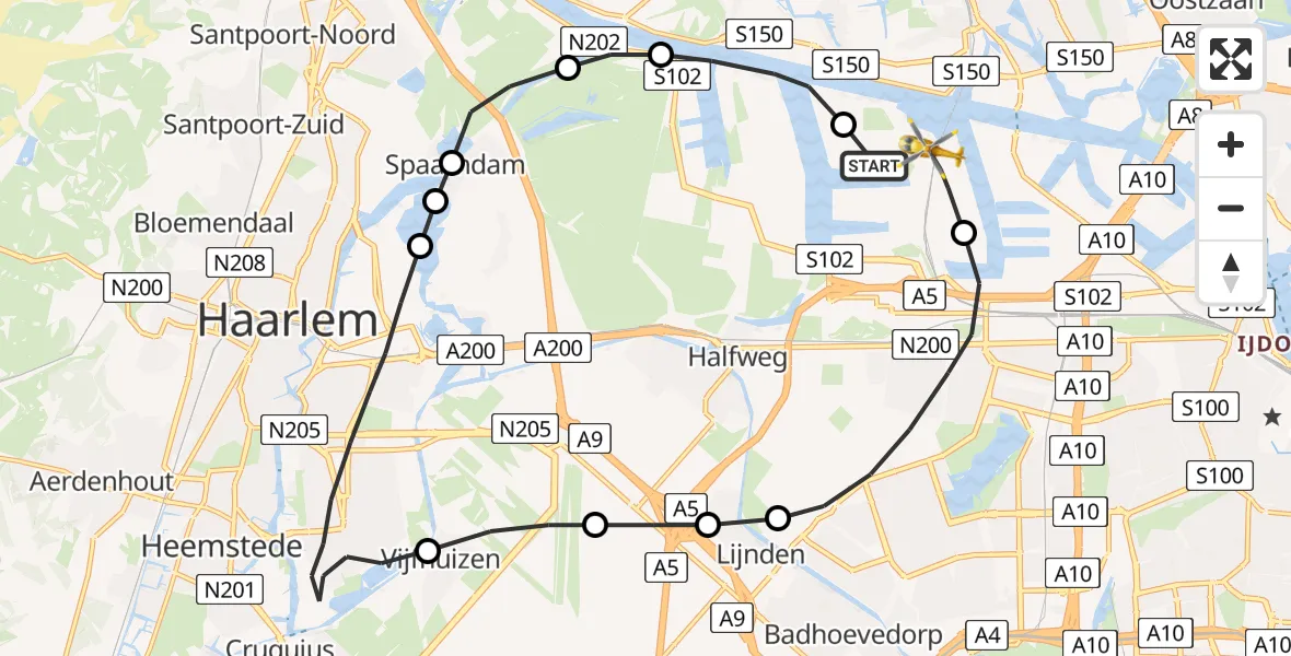 Vluchtroute Traumahelikopter Amsterdam Heliport - Amsterdam Heliport, 10 augustus 2023, 10:37