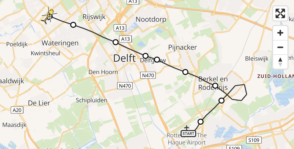 Routekaart van de vlucht: Lifeliner 2 naar Den Haag