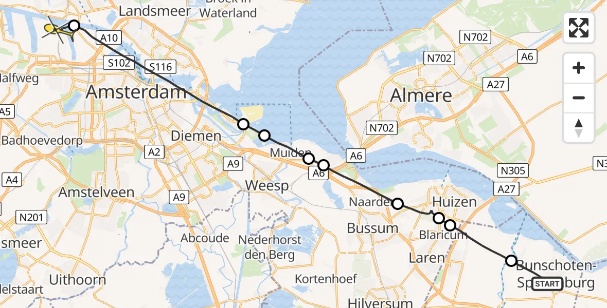 Routekaart van de vlucht: Lifeliner 1 naar Amsterdam Heliport