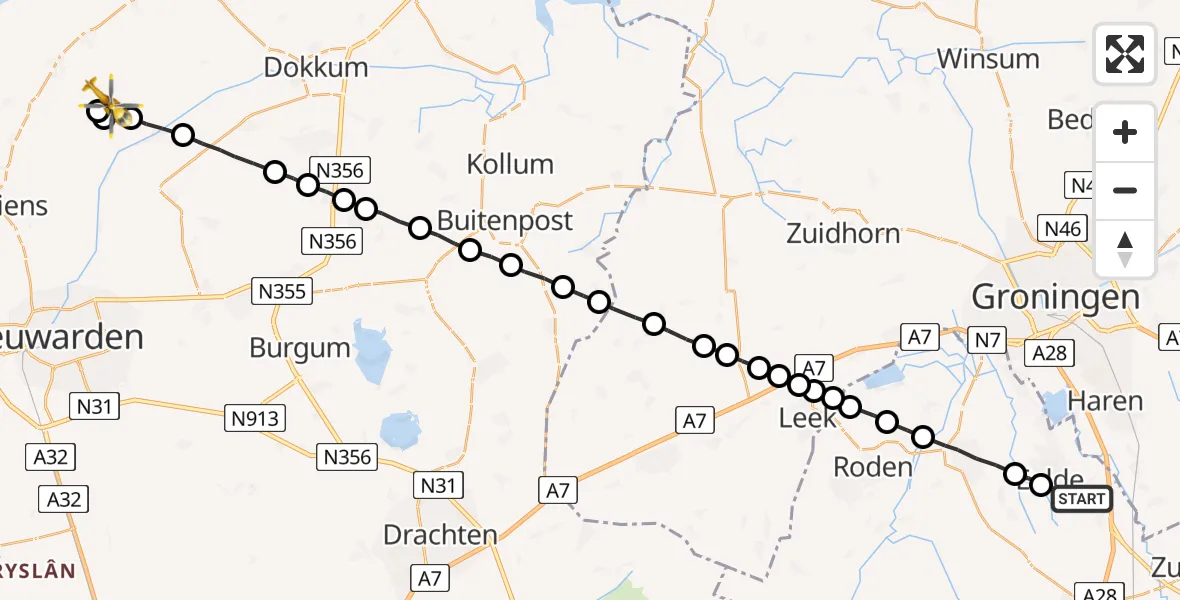 Vluchtroute Traumahelikopter Groningen Airport Eelde - Wânswert, 10 augustus 2023, 17:35