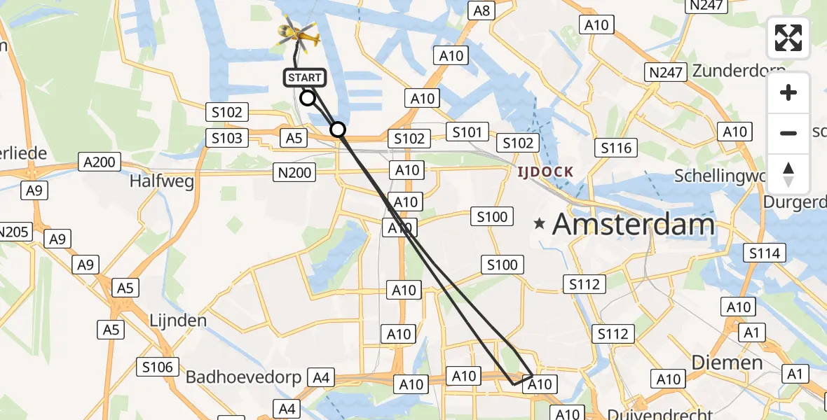 Vluchtroute Traumahelikopter Amsterdam Heliport - Amsterdam Heliport, 10 augustus 2023, 18:54