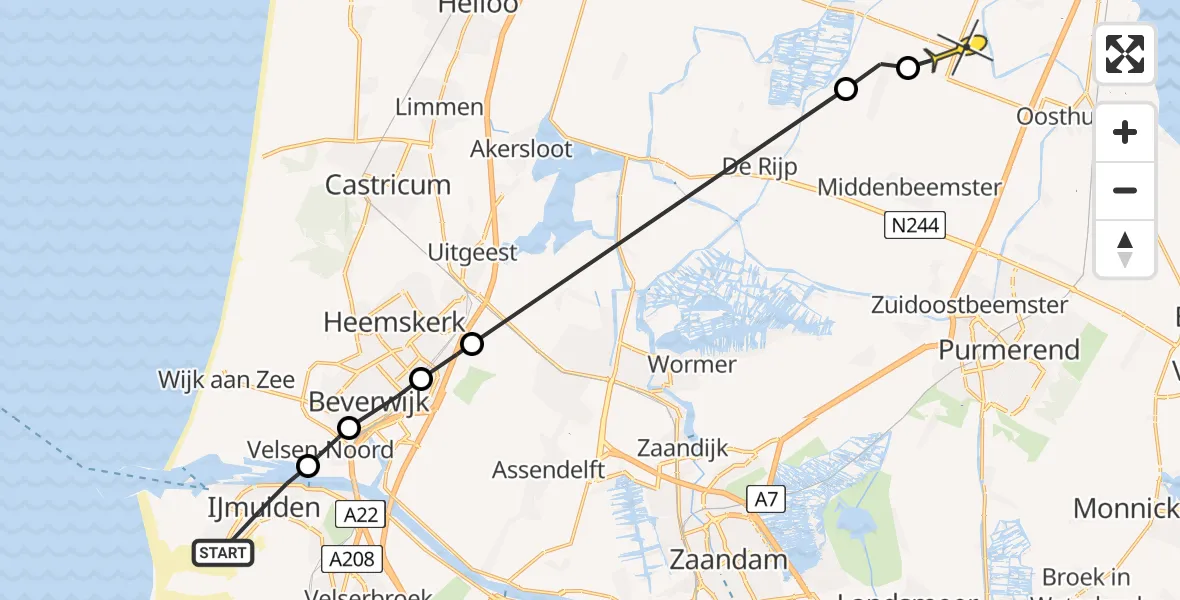 Routekaart van de vlucht: Politieheli naar Noordbeemster