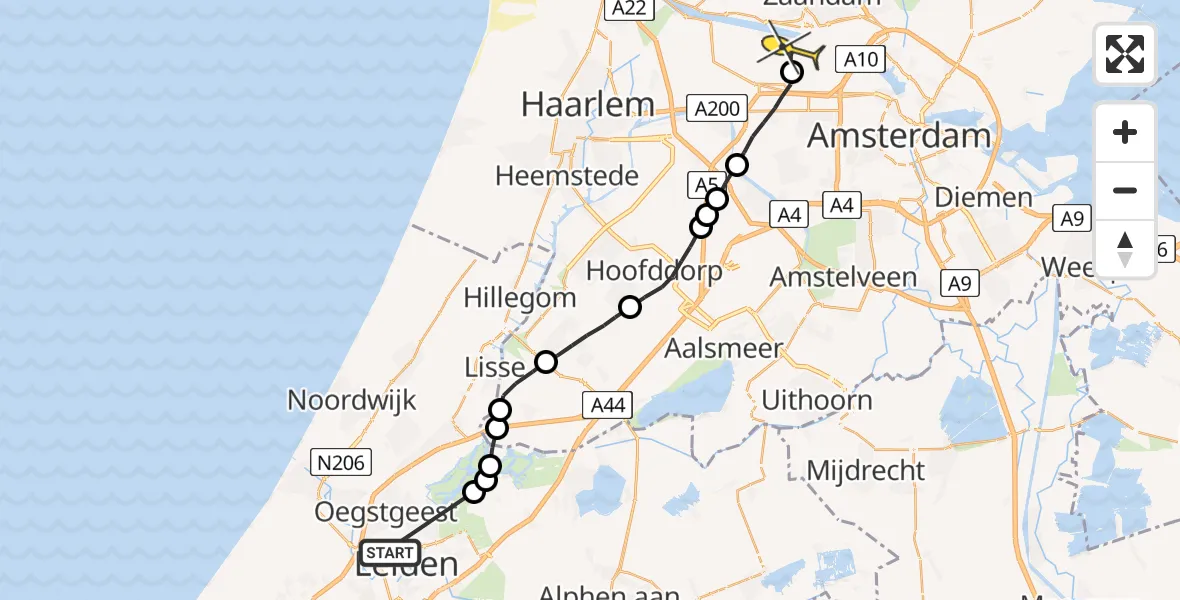 Routekaart van de vlucht: Lifeliner 1 naar Amsterdam Heliport