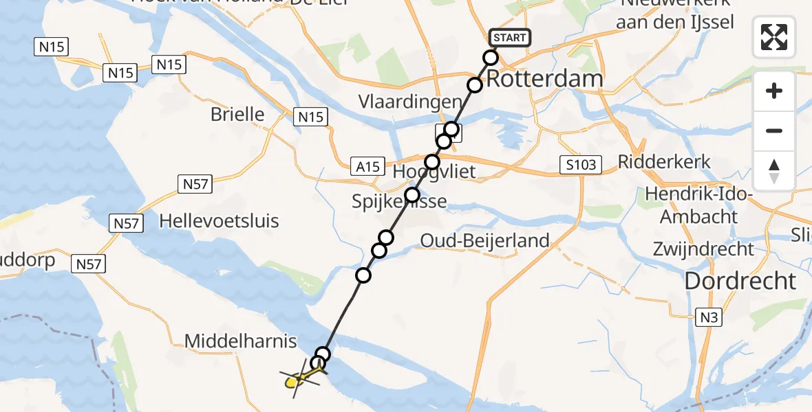 Routekaart van de vlucht: Lifeliner 2 naar Stad aan 't Haringvliet