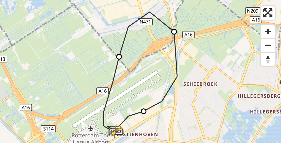 Vluchtroute Traumahelikopter Rotterdam The Hague Airport - Rotterdam The Hague Airport, 11 augustus 2023, 09:33