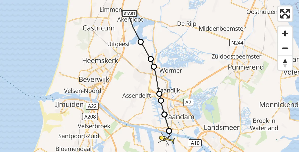 Routekaart van de vlucht: Lifeliner 1 naar Amsterdam Heliport