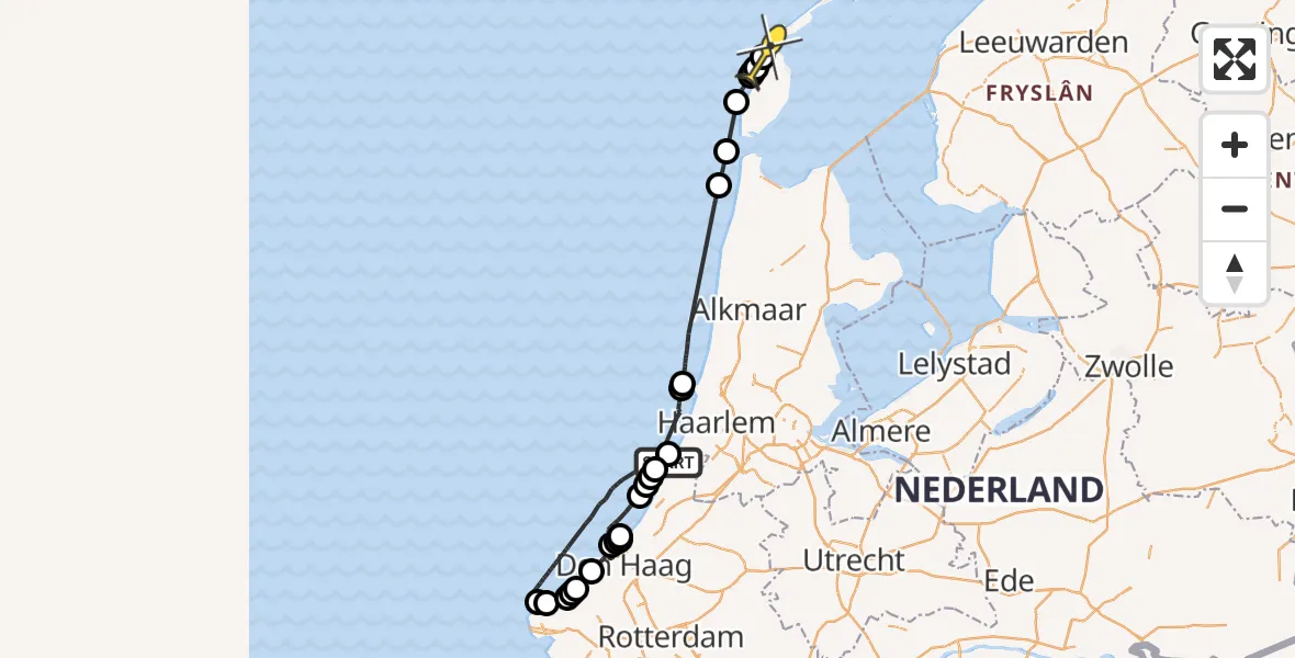 Routekaart van de vlucht: Politieheli naar De Cocksdorp