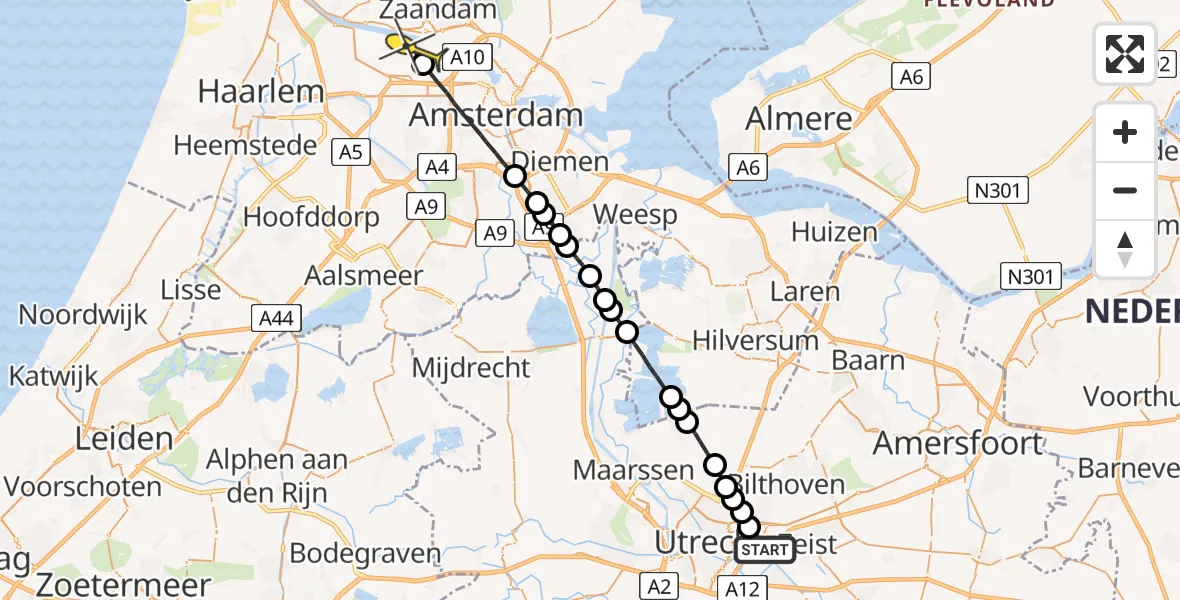 Routekaart van de vlucht: Lifeliner 1 naar Amsterdam Heliport