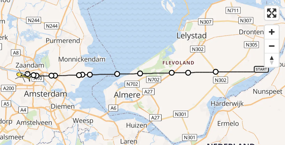 Routekaart van de vlucht: Lifeliner 1 naar Amsterdam Heliport