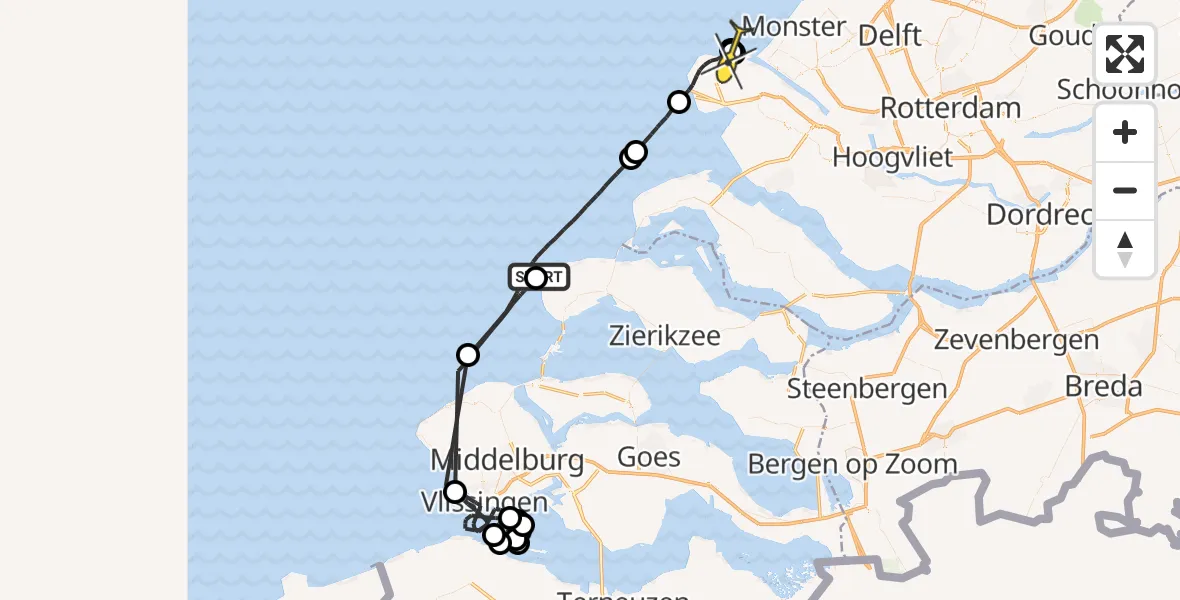 Routekaart van de vlucht: Politieheli naar Maasvlakte