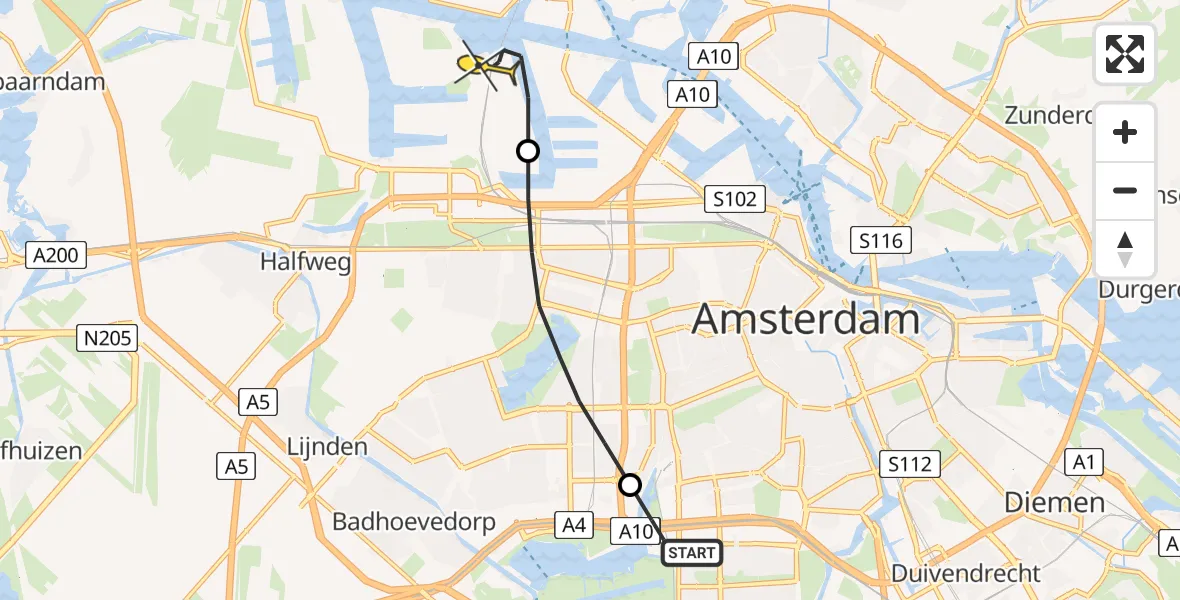 Routekaart van de vlucht: Lifeliner 1 naar Amsterdam Heliport