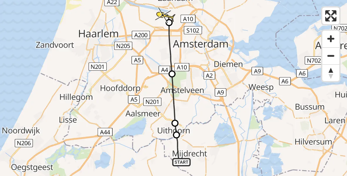 Routekaart van de vlucht: Lifeliner 1 naar Amsterdam Heliport