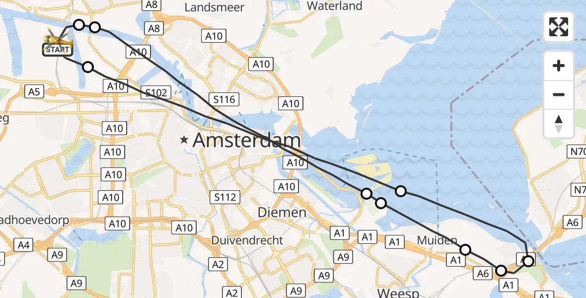 Vluchtroute Traumahelikopter Amsterdam Heliport - Amsterdam Heliport, 12 augustus 2023, 20:08
