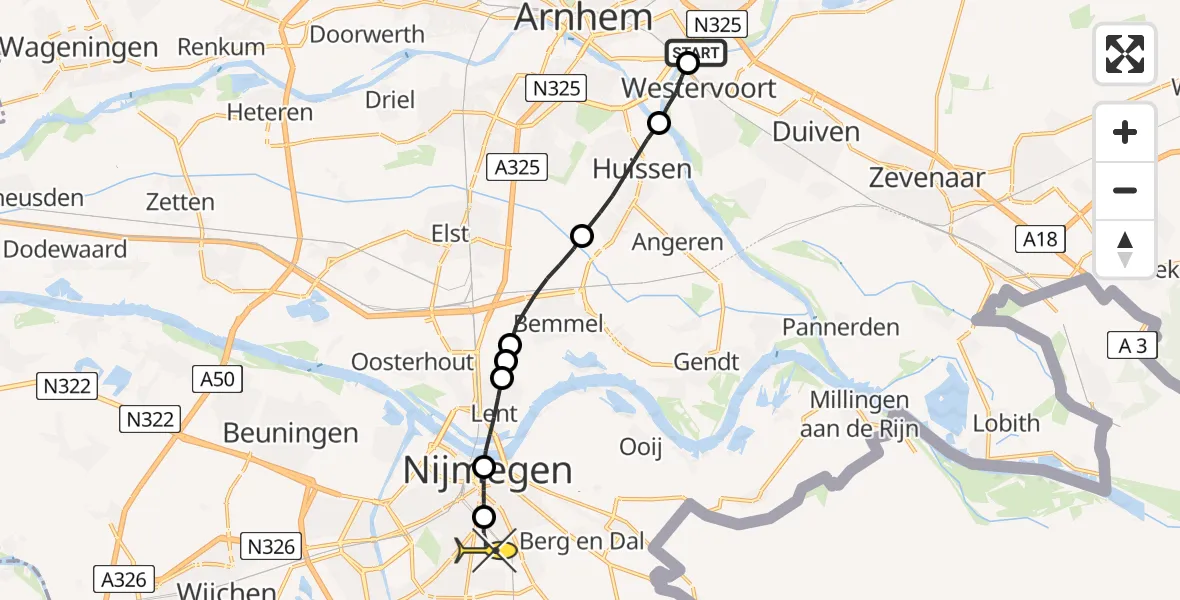 Routekaart van de vlucht: Lifeliner 3 naar Radboud Universitair Medisch Centrum