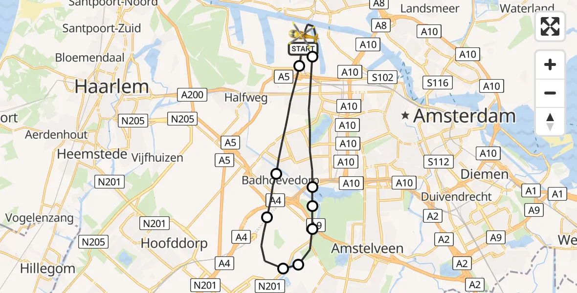 Vluchtroute Traumahelikopter Amsterdam Heliport - Amsterdam Heliport, 12 augustus 2023, 22:27