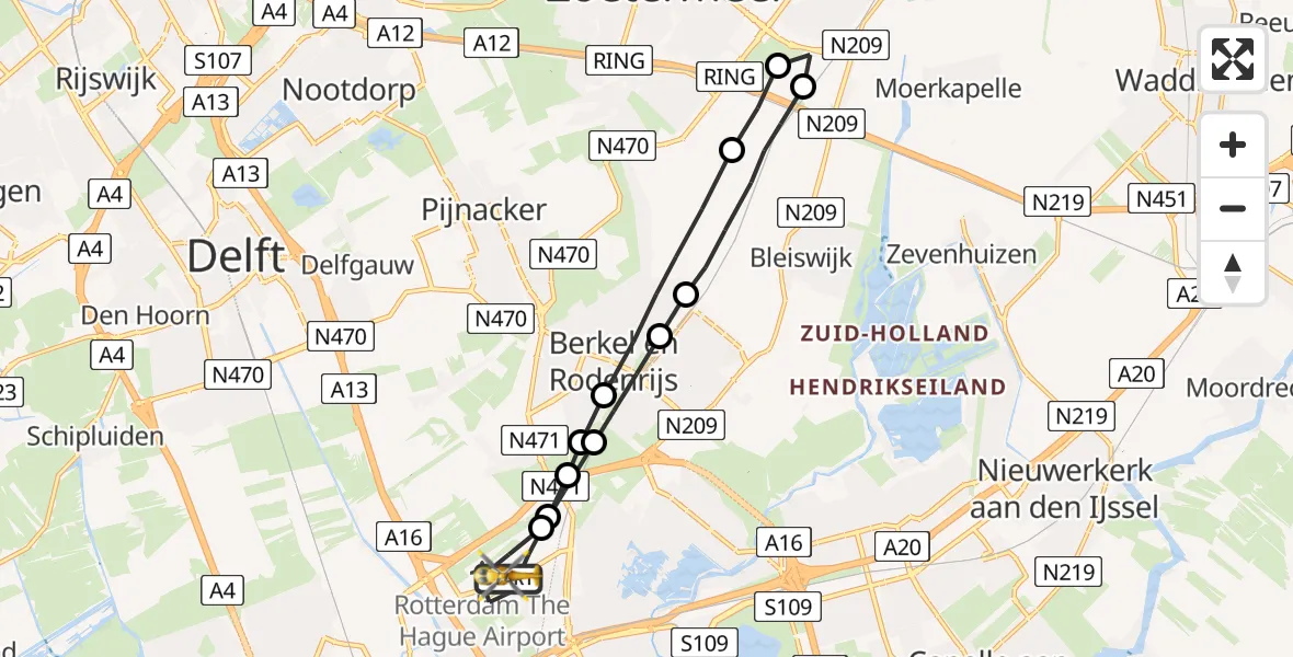 Vluchtroute Traumahelikopter Rotterdam The Hague Airport - Rotterdam The Hague Airport, 13 augustus 2023, 11:36