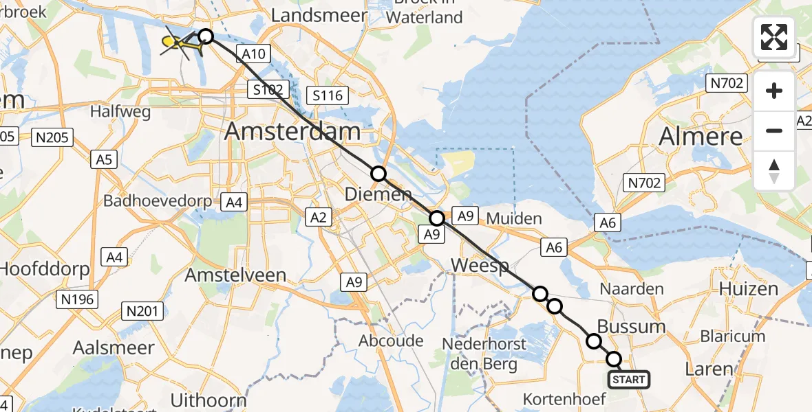 Routekaart van de vlucht: Lifeliner 1 naar Amsterdam Heliport