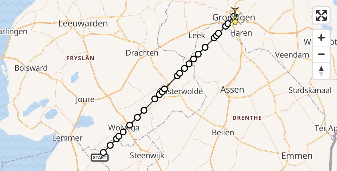 Routekaart van de vlucht: Lifeliner 4 naar Universitair Medisch Centrum Groningen