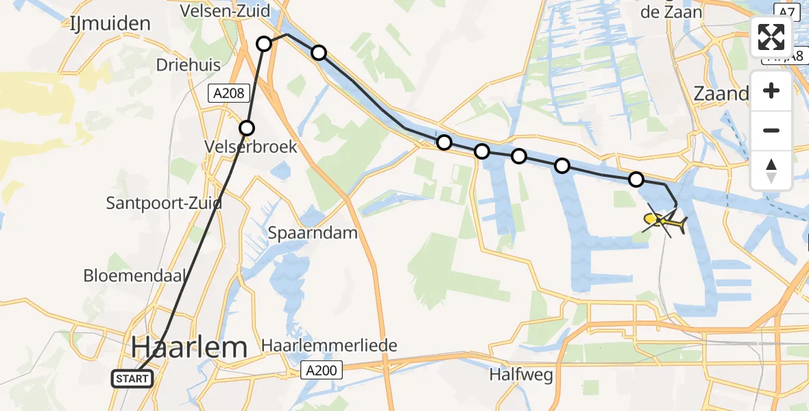 Routekaart van de vlucht: Lifeliner 1 naar Amsterdam Heliport