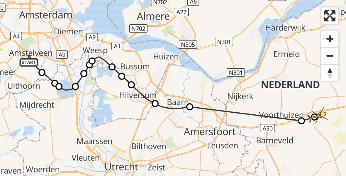 Routekaart van de vlucht: Politieheli naar Kootwijk