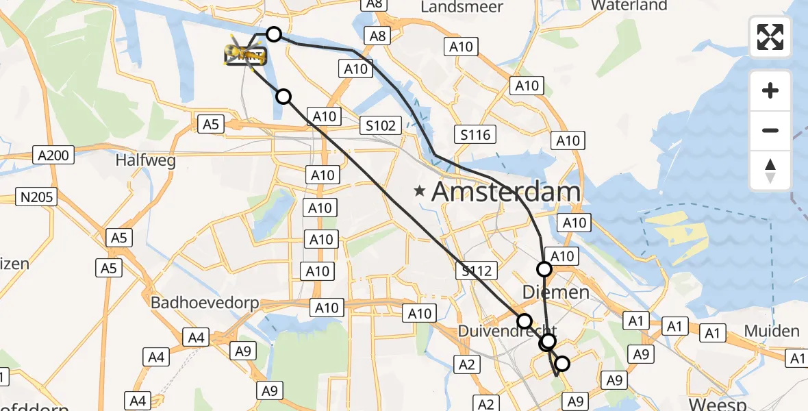 Vluchtroute Traumahelikopter Amsterdam Heliport - Amsterdam Heliport, 13 augustus 2023, 17:50