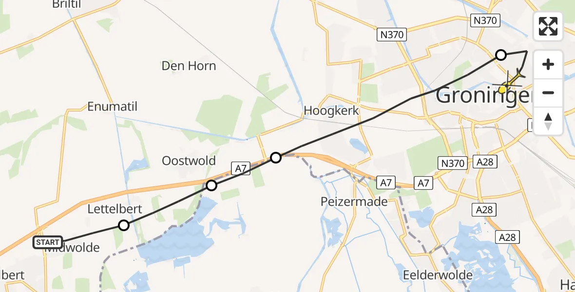 Routekaart van de vlucht: Lifeliner 4 naar Universitair Medisch Centrum Groningen