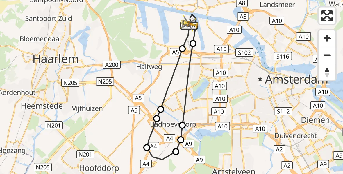 Vluchtroute Traumahelikopter Amsterdam Heliport - Amsterdam Heliport, 13 augustus 2023, 23:53