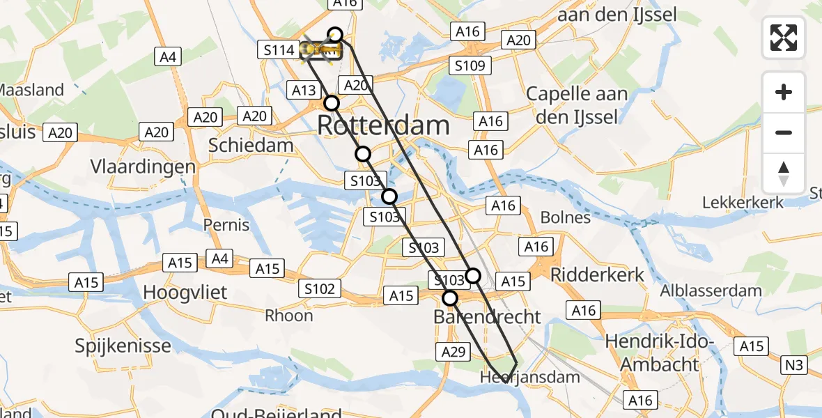 Vluchtroute Traumahelikopter Rotterdam The Hague Airport - Rotterdam The Hague Airport, 14 augustus 2023, 05:30