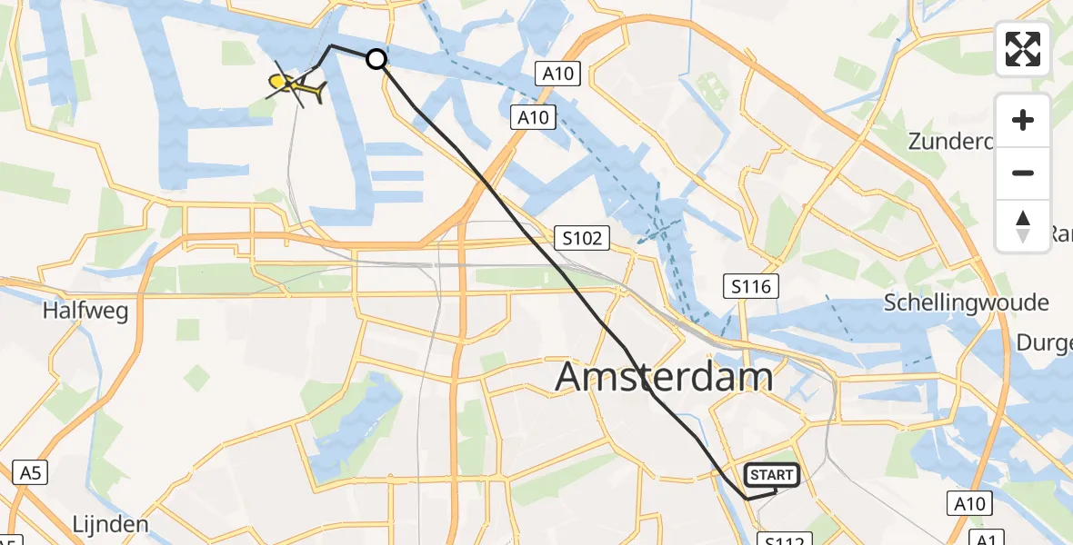 Routekaart van de vlucht: Lifeliner 1 naar Amsterdam Heliport