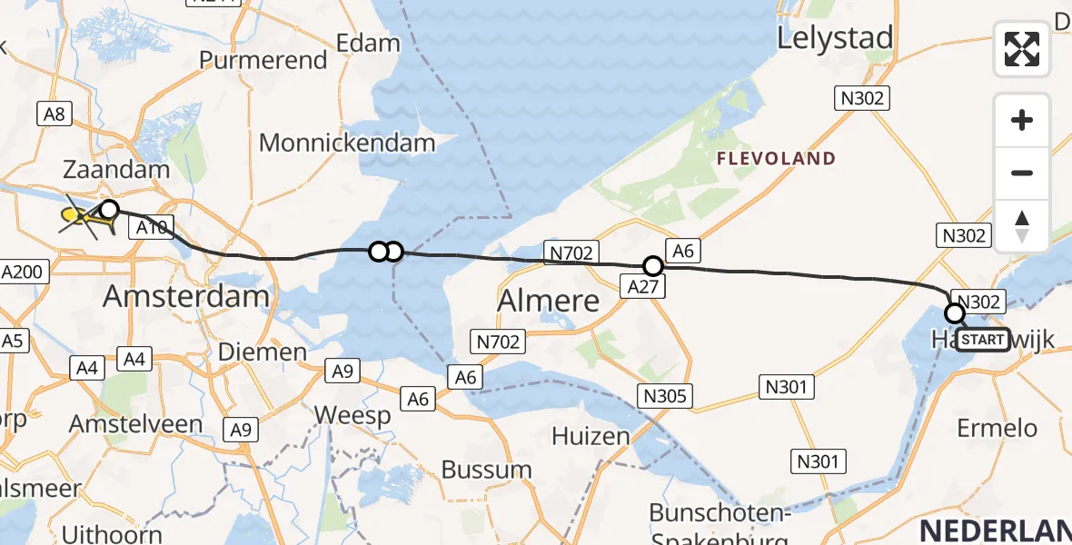 Routekaart van de vlucht: Lifeliner 1 naar Amsterdam Heliport