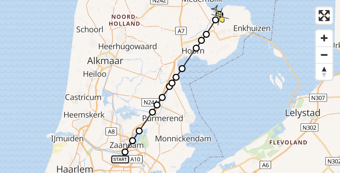 Routekaart van de vlucht: Lifeliner 1 naar Andijk