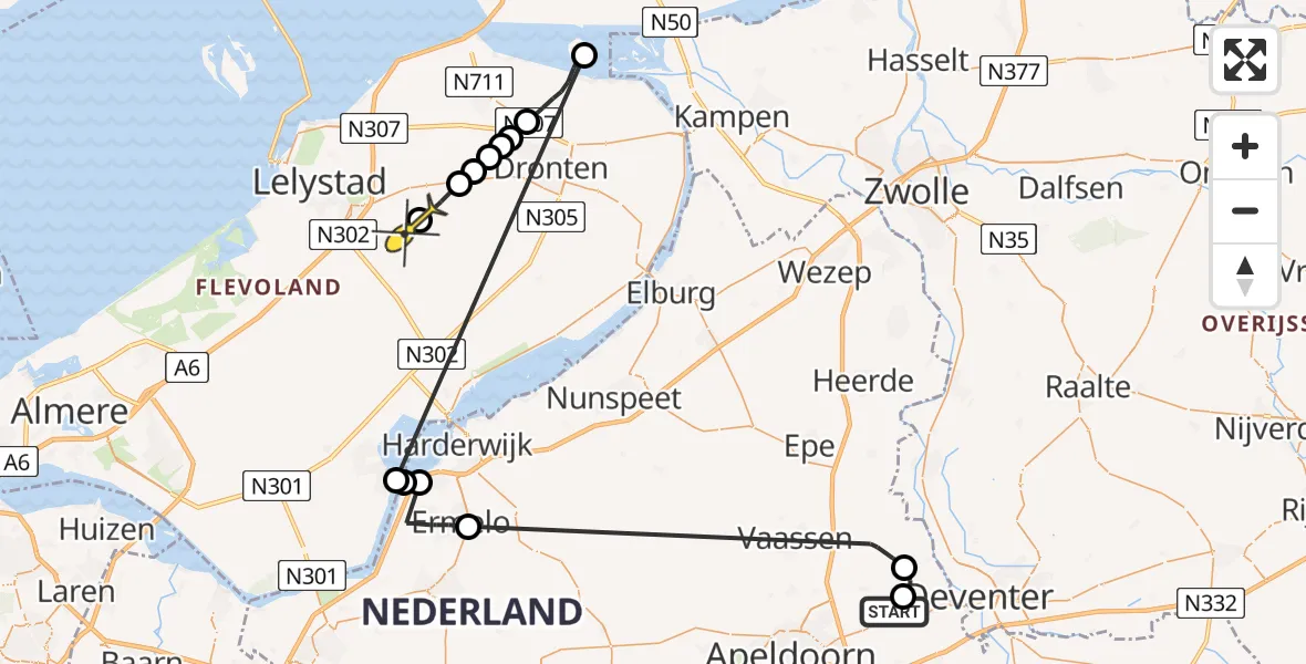 Routekaart van de vlucht: Politieheli naar Lelystad