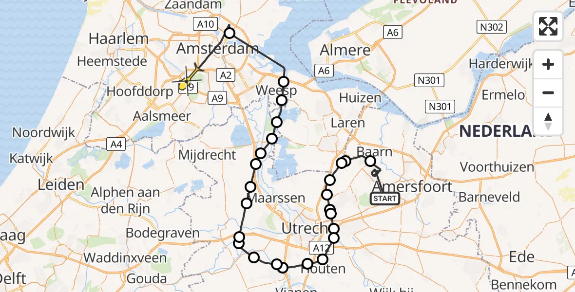 Routekaart van de vlucht: Politieheli naar Amsterdam