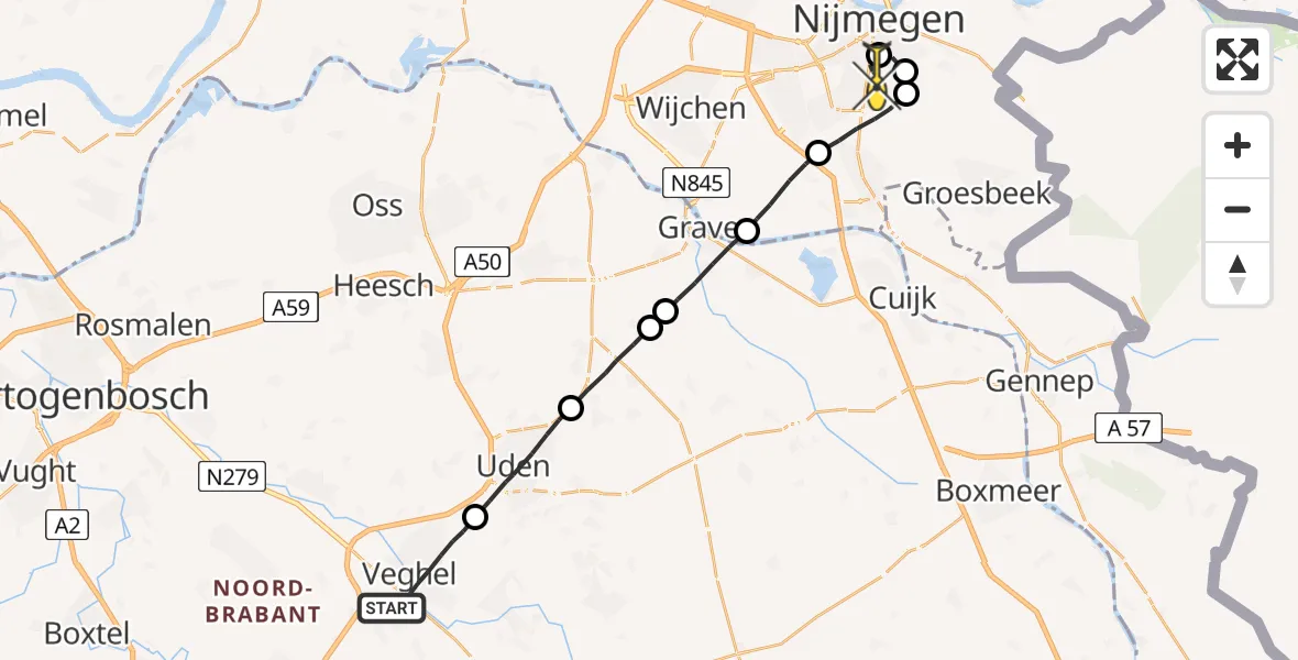 Routekaart van de vlucht: Lifeliner 3 naar Radboud Universitair Medisch Centrum