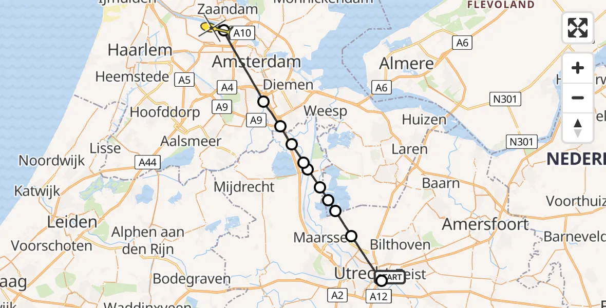 Routekaart van de vlucht: Lifeliner 1 naar Amsterdam Heliport