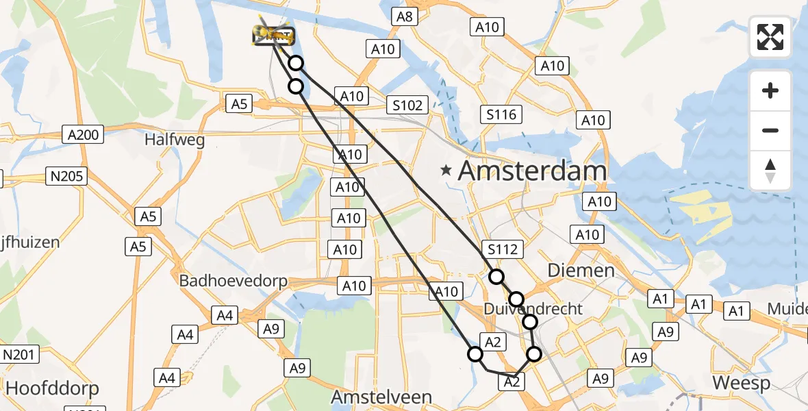 Vluchtroute Traumahelikopter Amsterdam Heliport - Amsterdam Heliport, 14 augustus 2023, 18:49