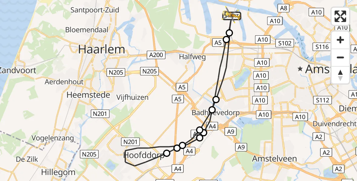 Vluchtroute Traumahelikopter Amsterdam Heliport - Amsterdam Heliport, 14 augustus 2023, 19:55
