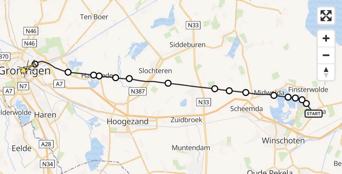 Routekaart van de vlucht: Lifeliner 4 naar Universitair Medisch Centrum Groningen